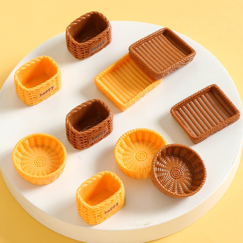 Three-Dimensional Simulation Mini Bread Basket Small Bamboo Basket Bread Tray Resin Accessories Diy Creative Miniature Food Play Ornaments - Image 4